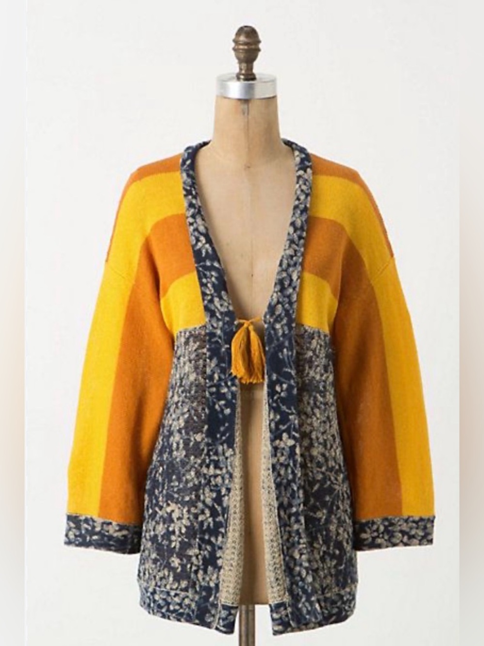 Anthropologie- Kimono Striped Yellow & Rust Open Cardigan with Navy Pattern Trim